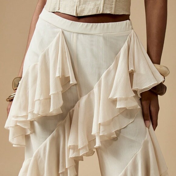 White Casual Women's High Waisted Wide Leg Chiffon Pants - Picture 6 of 6